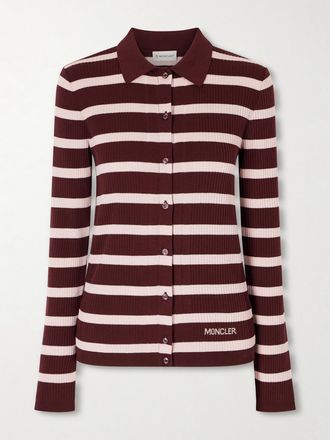 Moncler Polo In Cotone A Coste Con Motivo A Righe - Bordeaux
