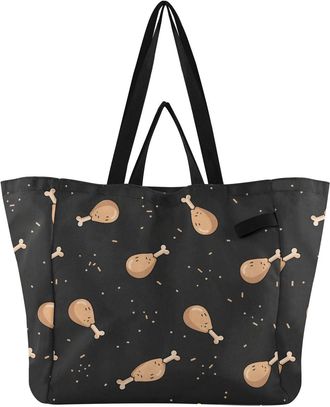 Generic Fries Food Black pattern Reusable Canvas Tote Bag, Heavy Duty Grocery Shopping Bag with Hard Bottom Large Capacity Double Handles Work Groceries Trave