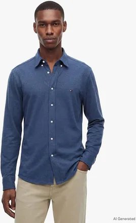 Tommy Hilfiger Mens Slim Fit Lightweight Pique Knit Shirt - Dark Blue Heather - XL
