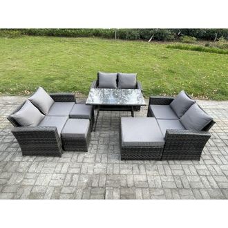 Fimous Outdoor Lounge Sofa Set Wicker pe Rattan Garden Furniture Set with Rectangular Dining Table 2 Seat Sofa 3 Footstools Dark Grey Mixed - Fimous