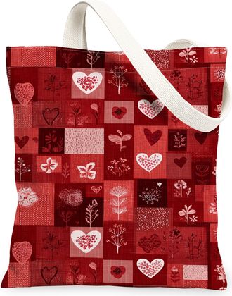 Generic ValentineS Floral Canvas Tote Bags, Heart Pattern Reusable Grocery Bags, Vintage Lightweight Washable Shoulder Strap, Red, 13x15 Inch