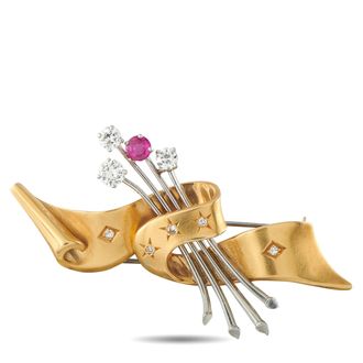 Luxury Bazaar 18K Yellow Gold and Platinum 0.70ct Diamond and Ruby Brooch MF18-063026