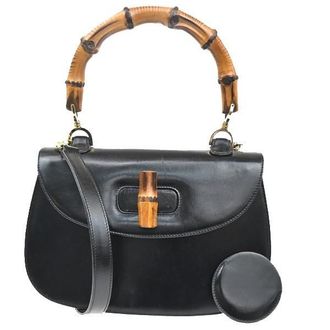 Gucci Vintage Convertible Bamboo Top Handle Bag Leather Black Leather Handbag (Pre-Owned)