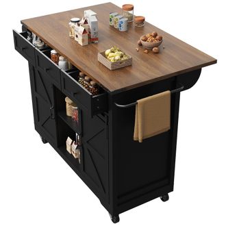 STILVORA Carrello Da Cucina Con 3 Cassetti E 3 Vani Con Ante Scorrevoli E Piano Ribaltabile Su Ruote, In Mdf, Nero