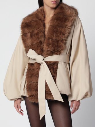 Rotate Faux Fur Coat with Balloon Sleeves and Belt