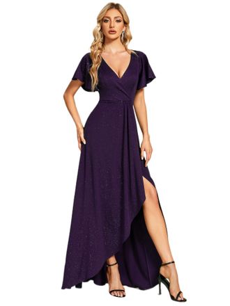 Ever-pretty Evening Dress Womens Deep V-Neck High Slit Ruffles Sleeves A-Line Party Prom Dress Dark Purple 16UK