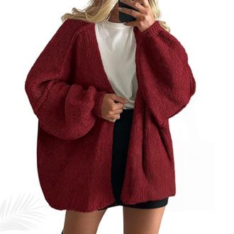 Generic Womens Oversized Cardigan Sweaters, Open Front Knit Casual Long Lantern Sleeve Fall Sweater Coats Lightweight Sweater (Wine Red,XL)