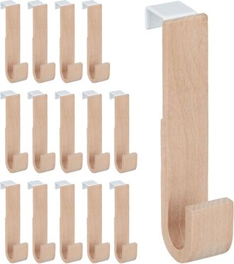 Relaxdays Ganchos Puerta Set 15 Madera Y Hierro, Chaquetas, Toallas, Colgadores Pasillo, 13x2,5x6 Cm, Blanco Y Natural