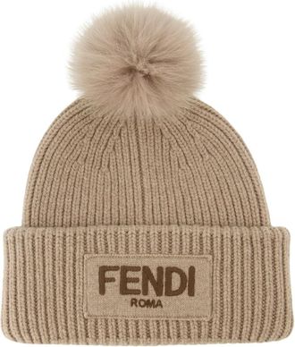 Fendi Pompon Beanie - Dames - Hoeden - Bruin - S/M - Wol - Accessoires
