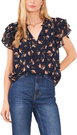 1.State Floral Print Flutter Sleeve Top in Blue at Nordstrom, Size X-Small