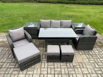 Fimous 9 Pcs Rattan Outdoor Garden Furniture Set Rectangular Dining Table & Chair Sofa Set With 2 Side Tables 3 Footstools in Dark Grey