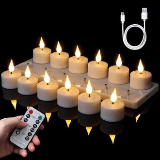 OEM Velas Led Con Llama En Movimiento - Velas Recargables - Con Mando A Distancia - Con Temporizador - 12 Unidades - Blancas