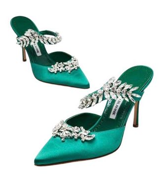 Manolo Blahnik Embellished Green Satin Mules Size 39.5