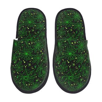 Generic Camping Slippers Green Bright Web With Spiders Fuzzy Slippers Warm Slipper Non Slip House Shoes For Travel Winter Women & Men L