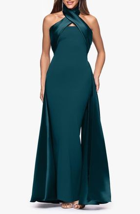 Betsy & Adam Twist Halter Neck Mikado Scuba Crepe Gown in Pine at Nordstrom, Size 10