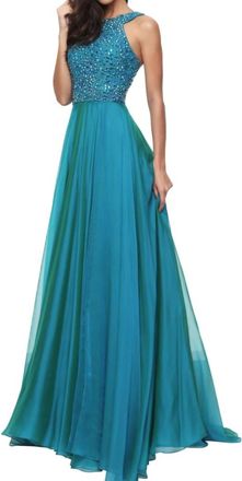 Sherri Hill Beaded Full-Length Prom Dress In Teal