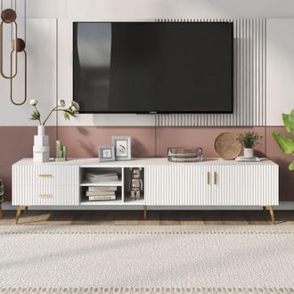 C&A White TV Stand for 75-Inch TVs: Modern Entertainment Center,Lowboard,Media Console&TV Cabinet