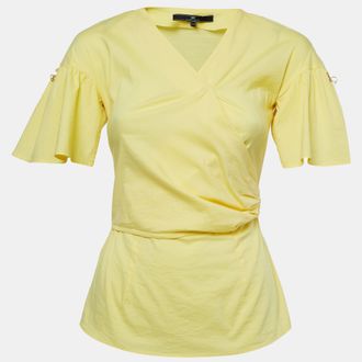 Elisabetta Franchi Yellow Stretch Cotton Flutter Sleeve Wrap Top