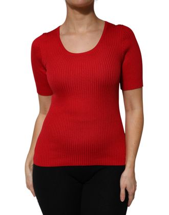 Dolce & Gabbana Womens Red Round Neck Short Sleeves Pullover Top Silk