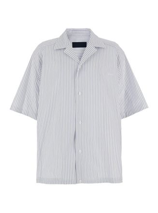 Juun.J Juun. J Blue Bowling Shirt With Cuban Collar And All-over Striped Motif In Cotton Blend Man