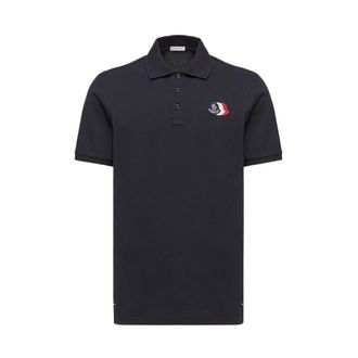 Moncler Polo in Piquet di Cotone con Patch Logo - - Tops - Uomo - Blu - XL
