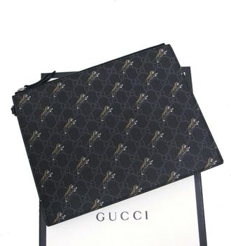 Gucci Black Charcoal Gray Yellow Coated Canvas Leather Clutch Bag Pouch (Pre-Owned)