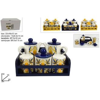 Trade Shop Trade Shop - Set 5 Pz Menage In Ceramica Decorata Fantasia Maiolica Con Espositore Supporto