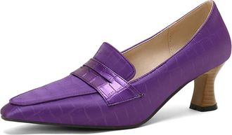 Generic Women Pointed Toe Loafers Solid Color Crocodile Texture Penny Strap Curved Block Heel Slip On Narrow Toe Cap Non Slip Durable Comfortable Dress Shoes,