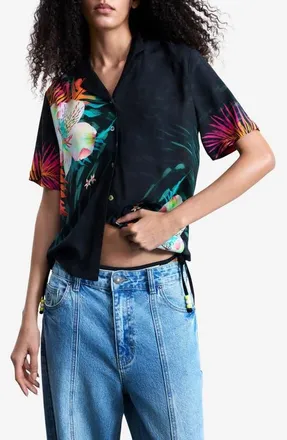 Desigual Tropical Floral Print Woven Shirt in Black at Nordstrom, Size Large