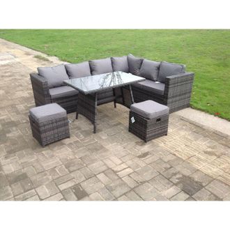 Fimous Fimous - Dark Mixed Grey Rattan Garden Outdoor Corner Sofa Set Rectangular Dining Table Small Footstools 8 Seater