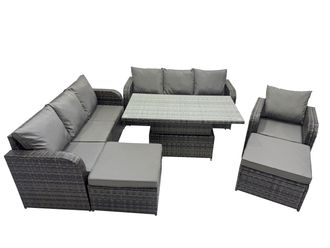 Fimous Rattan Garden Furniture Dining Set 9-seater with 2 Big Footstool in Dark Grey