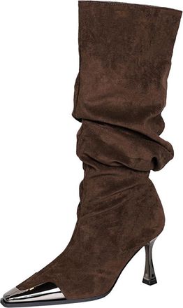 Generic High Boots Women Sexy Pointed Toe Fashion Long Tall Boots 8.5CM Faux Suede Slouch Pleated Work Office Ankle Boot (Brown,8.5)