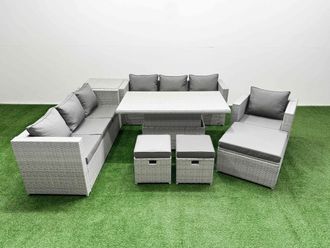 Fimous 7 PCs Rising Dining Table Set Rattan Furniture Set with 3 Seater Sofa in Light Grey