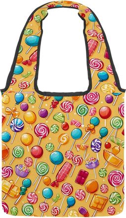 Generic Yellow Candy Pattern Reversible Canvas Shoulder Tote - Double-Sided Print, 12oz Cotton, 27cm Drop, Fold-Flat Bag for Travel, Shopping, Street Outings