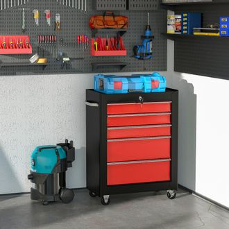 HOMCOM 5-Drawer Lockable Steel Tool Storage Cabinet Wheels Handle 2 Keys in Red
