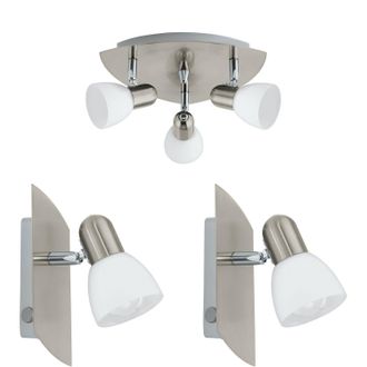 Loops Ceiling Spot Light & 2x Matching Wall Lights Satin Nickel & Glass Triangle Lamp in Metallics