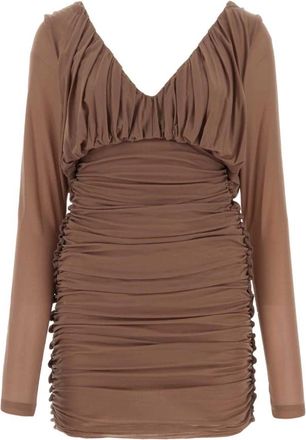 Saint Laurent Jersey Mini-jurk met Plooiing en Lange Mouwen - Dames - Feestkleedjes - Bruin - S - Kleedjes