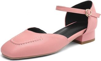 Generic Womens Ankle Strap Heels Metallic Textured Upper Adjustable Buckle Square Toe Chunky Low Heel Cushioned Insole Durable Stylish Shoes,Pink,3.5 UK