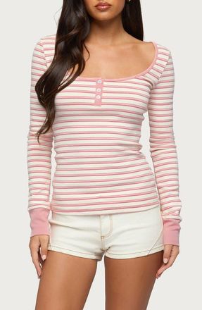 Edikted Jaida Stripe Stretch Cotton Henley Top in Pink at Nordstrom, Size X-Large