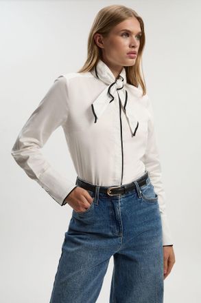 Karen Millen Womens Detachable Scarf with Contrast Detail Woven Shirt - White Cotton - Size 12 UK