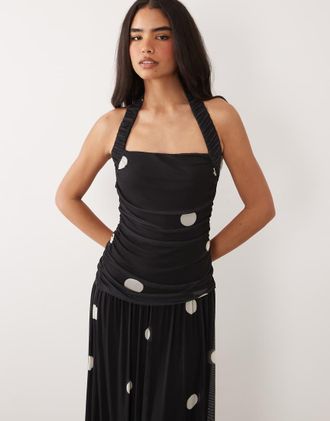 Asos Vestito lungo a ruota morbido al tatto arricciato e allacciato al collo con stampa a pois-Nero