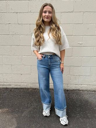 Flying Monkey Alfie Cuffed Wide Leg Jeans In Med Wash