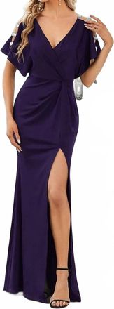 Ever-pretty Deep V-Neckline High Split Evening Dress In Plum