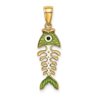 Diamond2Deal 14k Yellow Gold 3-D Green Enamel Fish Bone Charm Pendant