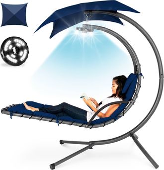 Best Choice Products Hanging LED-Lit Curved Chaise Lounge Chair for Backyard, Patio w/ Pillow, Canopy, Stand