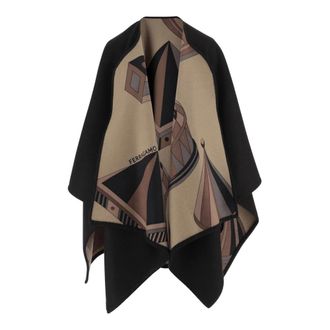 Ferragamo Jassen, Dames, Zwart, ONE Size, Wol, Geometrische Renaissance-print Reversible Cape