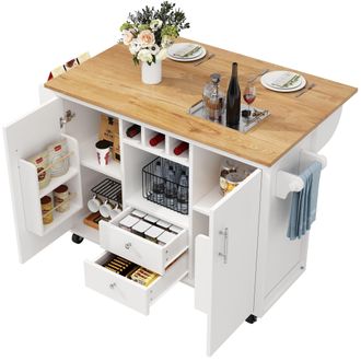 STILVORA Carro De Cocina Con 2 Cajones, 2 Puertas, Encimera Plegable, Toallero, Botellero, Blanco
