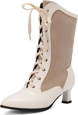 Generic Womens Retro Two-Tone Lace-Up Mid-Calf Boots Pointed Toe Slim Heel Comfortable Fit Non-Slip Wear-Resistant Sole for Daily Date Vintage Style,White,11.
