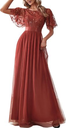 Ever-pretty Womens Short Sleeve Embroidery Empire Waist A Line Floor Length Elegant Long Formal Evening Party Dresses Burnt Orange 12UK