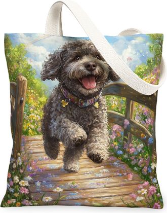 Generic Spring Portuguese Water Dog Canvas Tote Bag for Shopping 13x15, Country Garden Puppy Reusable Grocery Print Pattern Bag for Women, Fun Flower Pet Beac